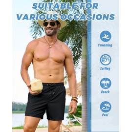 Alimens & Gentle Mens Swim Trunks 5 inch with Compression Linner Swim Shorts with Zipper Pockets Quick Dry Board Shorts Men Black