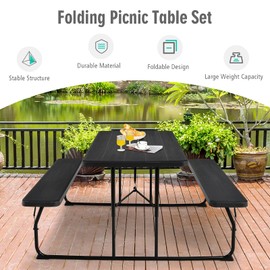 S AFSTAR Folding Picnic Table Bench Set, Foldable Picnic Table with 2 Benches, Outdoor Table and Bench W/Steel Frame & Wood-Like Texture Tabletop, Camping Table Chair Set for Garden Patio Lawn (Black)