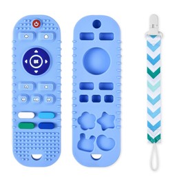 Silicone Baby Teething Toys, Remote Control Shape Teethers Toys with Teething Tubes and Pacifier Clip, Baby Teething Toys for 3 Months+, Remote Teething Toy BPA Free/Freezable/Dishwasher Safe(Blue)