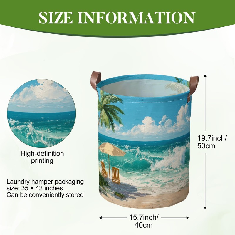 Beach Scenes Laundry Hamper, Oxford Cloth Boys Room Basket, 15.75x19.7in
