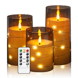 kakoya Flameless LED Candles with Timer 3 Pc Flickering Flameless Candles for Romantic Ambiance and Home Decoration Stable Acrylic Shell,with Embedded Star String，Battery Operated Candles（Grey）