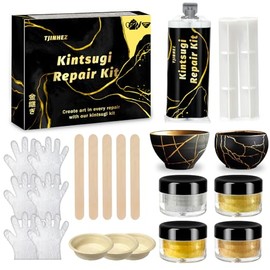 Kintsugi Kit de reparación, apto para alimentos, dorado y plateado, kit de Kintsugi para cerámica rota, vidrio, jade y esculturas, artesanía japonesa con pegamento dorado para restauración de cerámica y reparación de porcelana