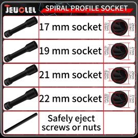JEUCLEL 5PCS Twist Socket Set, 12.5 mm 1/2 inch Drive Deep Spiral Profile Socket Set, 17mm 19mm 21mm 22mm Screw Extractor, Wheel Nut Remover - Rusted & Strip & Stripped & Stuck Locking Nut Removal
