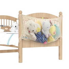 LAHAQIQI Toy Cuddly Toy Storage Net for Children's Room, Bed Side Stuffed Toy Organiser, Hanging Cotton Mesh Bag with Tethe for Children (Beige, 1 Piece)