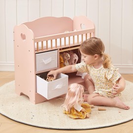 OOOK Baby Doll Crib, Wooden Baby Doll Bed and Changing Table, Dollhouse Furniture with Two Storage Box, Bedding and Coat Hangers, Nursery Playset Suitable for Dolls Under 22 Inches, Pink