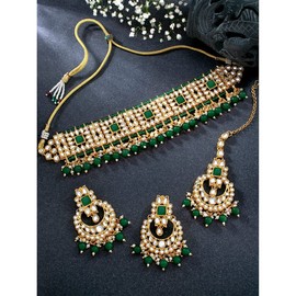 Aheli Traditional Gold Plated Kundan Choker Necklace Chandbali Earring & Maang Tikka Ethnic Jewelry Set Gift for Women Green