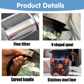 Vintage Floral Pattern Tea Thermos, Doresty Tea Thermos, Vintage Floral Pattern Tea Thermos Built-in Infuser Stainless Steel Thermal Carafe with Lid for Hot Drinks(Wooden handle,35oz)