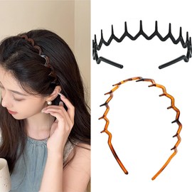 2 Stück Kunststoff-Zahnkamm-Stirnband, Zick-Zack-Stirnband, gewellt, gezahnt, Unisex, rutschfest, elastisch, Harz, Haarstyling-Zubehör für Sport, Yoga, Schönheit, den täglichen Gebrauch (schwarz +