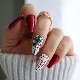 Christmas Press on Nails Medium Almond Fake Nails White False Nails Christmas Nails Press ons with Designs Green Red Patterns Glossy Glue on Nails Acrylic Stick on Nails for Women Decorations 24 Pcs