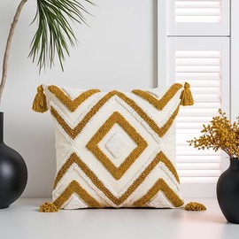 Andreannie Pack of 2 Boho Tufting Throw Pillow Cover Embroidered Textured Cushion Cover with Tassels Soft Home Decororative for Couch Sofa 18x18 inch (Yellow)