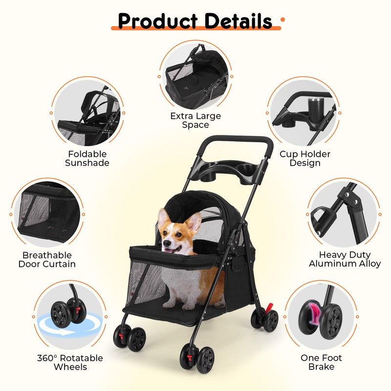 Foldable Pet Stroller for Small/Medium Pets up to 22 lbs