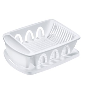 Tribello Sink Dish Drying Rack, Large Heavy Duty Hard Plastic Sink Set with Drainer (White) - Made in USA