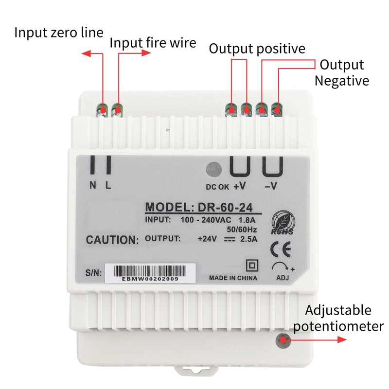 Fafeicy DR-60-24 DIN Rail Power Supply, with Single Output AC/DC