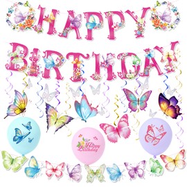 Pack of 31 Butterfly Decoration Birthday, con Fhappy Birthday Garland Butterfly, Hanging Swirls, Butterfly Decoration 3D, Party Decoration Birthday for Home Decoration Classroom Wedding