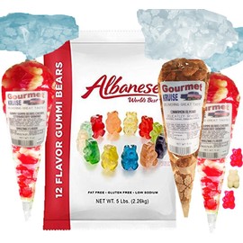Albanese Gummi Bears-Gummy Bears 12 Flavors-5lb Bag Plus (2) Red And White Bears 11 OZ (1) Cinnamon Almonds Delicately Roasted 5 OZ Gourmet Kruise Signature Gift Bag 4 Bags (2) Item Bundle
