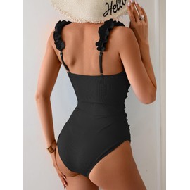 Eomenie Women's One Piece Swimsuit 2025 Tummy Control Square Neck Bathing Suit Ruffle Straps Ribbed Swimwear Black