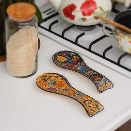 BCS Spoon Rest Set of 2 - Ceramic Spoon Holder for Stovetop & Kitchen Counter - Dishwasher Safe Handmade Kitchen Utensil (Yellow-Black 3.5” W x 9" L)