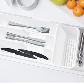 PLASTIFIC Large CUTLERY TRAY Utensils Spoon Fork Holder Flatware Organiser for Kitchen Organiser Strong Plastic Drawer Sliding Tidy (33 x 17.5 x 4.3 slim, White)
