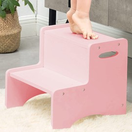 WOOD CITY Wooden Toddler Step Stool for Kids, Pink Two Step Children's Stool with Handles, Bonus Non-Slip Pads for Safety, Bathroom Potty Stool & Kitchen Step Stools Dual Height