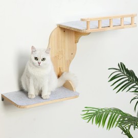 Wall Mounted Cat Shelves for Inside,2-Levels Wall Perch with Scratching Mat,Solid Pine Wood Floating Furniture for Climb,Lounge and Sleep (Right)