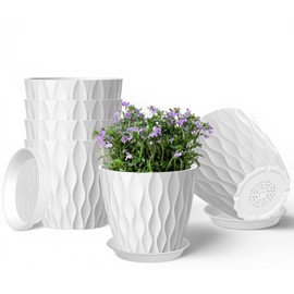 zople 6 Pack 7 Inch Plant Pots with Drainage and Saucers, White Plastic Flower Pots for Indoor and Outdoor Plants, Stackable Nursery Planters for Houseplants and Herbs, White