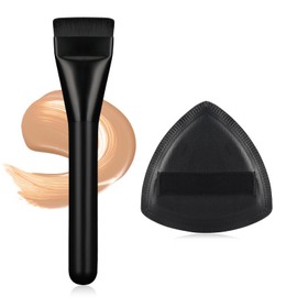 Flat Foundation Brush for Liquid Makeup with Powder Puff Fast Flawless Flat Top Kabuki Makeup Brushes Face Cosmetics Concealer Brush for Liquid, Blending, Powder, Cream, Blush, Buffing Black
