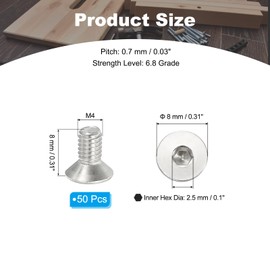 PATIKIL M4 x 8mm Flat Head Socket Cap Screws, 50 Pack 304 Stainless Steel 18-8 Machine Screws Flat Countersunk Bolts Hex Socket Drive Fasteners Grade 6.8