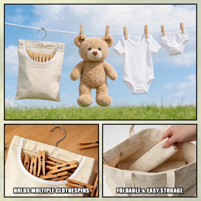 Laundry Clothespin Bag, 12.5 x 10.5 Inch Large Canvas Hanging