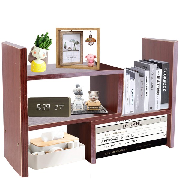 PENGKE Office Storage Rack Desktop Organizer,Home Decor Adjustable Wood Display Shelf,Birthday Gifts,True Natural Stand Shelf,Brown