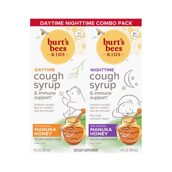 Burt's Bees Kids Daytime and Nighttime Cough Syrup and Immune Support, Natural Grape Flavor, Dietary Supplement, 8 Fl Oz