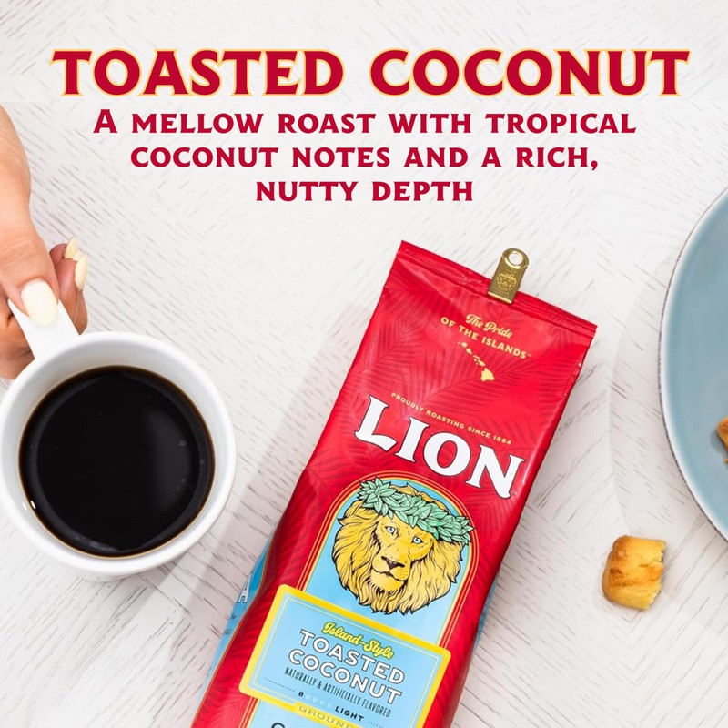 Lion Coffee Toasted Coconut Flavored, Light Roast Whole Bean Coffee,