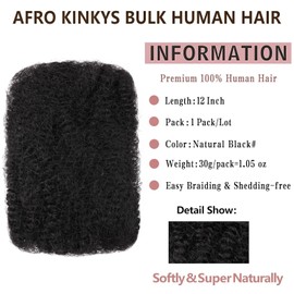 Xtrend Afro Kinkys Bulk Human Hair for Dreadlocks Extensions Repair Locs, Twist Braiding Afro Kinky Human Hair for Locs Natural Black Color(1B,1Pack,12 Inch)