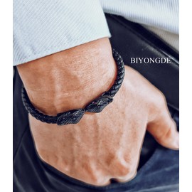 BIYONGDE Black Braided Leather Animal Bangle Bracelet Black Steel Cobra Snake with Red Cubic Zirconia Eyes