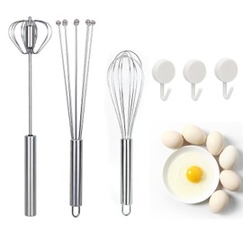 PLATEYTR 3 Set Professional Egg Hand Whisk Beater with 3 Hooks - Stainless Steel Hand Push Semi Automatic Blender Mixer for Quick and Efficient Whisking