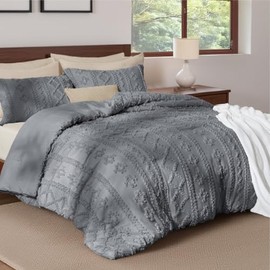 3-Piece Elegant Tufted Farmhouse Boho Comforter Set California King Size Steel Gray Color | Eclectic Bohemian Plain Weave Geometric Patchwork Pattern | Textured Durable Soft Shabby Chic Bedding Set