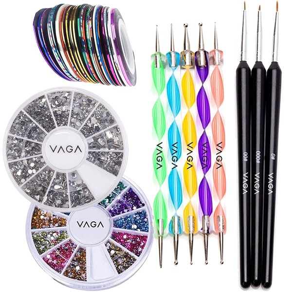 Nail Art Accessories Set with 5 Colourful Double Ends Dotting Tools Dotters Swirls, 3 Detail Brushes, Discs with 2000 Silver Rhinestone Decorations Crystals / Jewels and 10 Rolls of Decorative Stripes