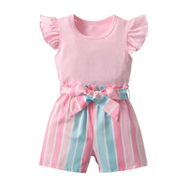 Derouetkia Toddler Baby Girl Clothes Ruffle Tops Solid Colour Short Sleeve and Shorts Summer Outfits Set, Pink, 2-3 Years