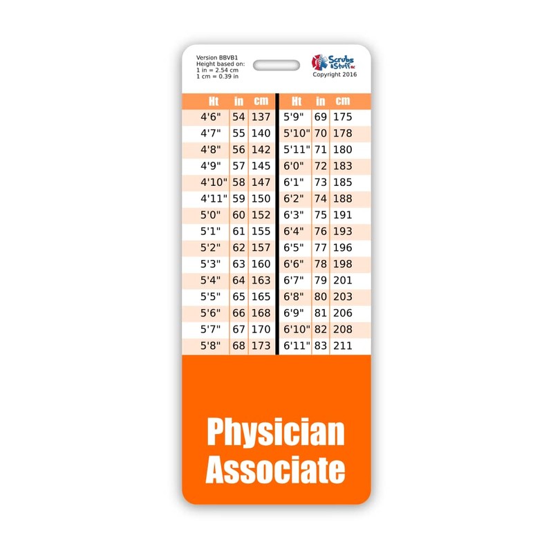 Physician Associate Badge Buddy Vertical w/Height & Weight Conversion Charts