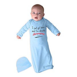 Cute Rascals I Just Got Here and I'm Already Awesome Long Sleeve Envelope Neck Boys-Girls Cotton Newborn Sleeping Gown One Piece - Light Blue, Gown & Hat Set