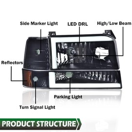 GRAND ORANGE LED DRL Headlights, Compatible with 1992-1996 Ford Bronco F150/ 92-97 F250 F350 Super Duty w/Corner Signal Black Housing Amber Reflector