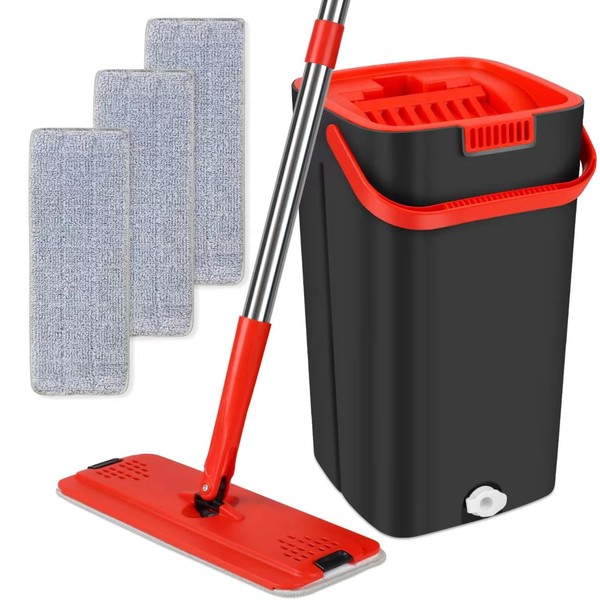 Flat Floor Mop and Bucket, Flat Mop Bucket with 3 Microfiber Mop Pads, Extended Stainless Steel Handle and Cleaning System Bucket, Hands-Free Self Cleaning Mop for Home and Commercial