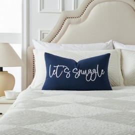 Sunkifover Let's Snuggle Decorative Lumbar Pillow Cover - 14x24 Inch Blue and White Cotton Embroidery Throw Pillowcase for Bed, Bedroom, Living Room, Home Decor