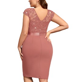 MISSMAY Women's Plus Size Sequin Floral Lace Ruffle Split Elegant Cocktail Party Dress