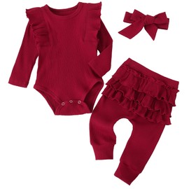 Fullfamous Infant Baby Girl Clothes Outfits,Fall Winter Romper Christmas Clothing Set 6-9 months Wine