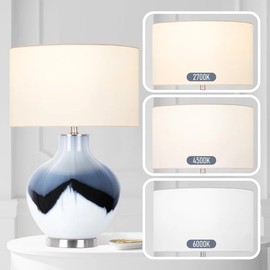 QiMH Glass Table Lamp for Living Room, Chinoiserie Bedside Traditionl Lamp for Bedroom, Blue & White Nightstand Lamp for Home Office Bookcase (LED Bulb Included)