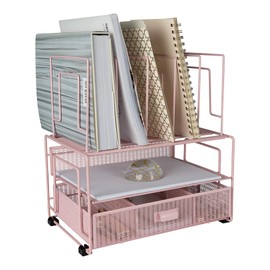 BLU MONACO Pink Workspace Desk Organizer and Accessories Desktop Rack with File sorters and Drawer for Office Supplies, Paper, Device and Folder