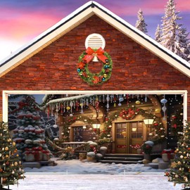 Christmas Garage Door Decorations Cover Banner Backdrop,Winter Holiday Garage Door Banner Cover,Rural Cabin Christmas Tree 2 Car Xmas Garage Door Banner for Outdoor Holiday Decorations 7x16ft Hanging