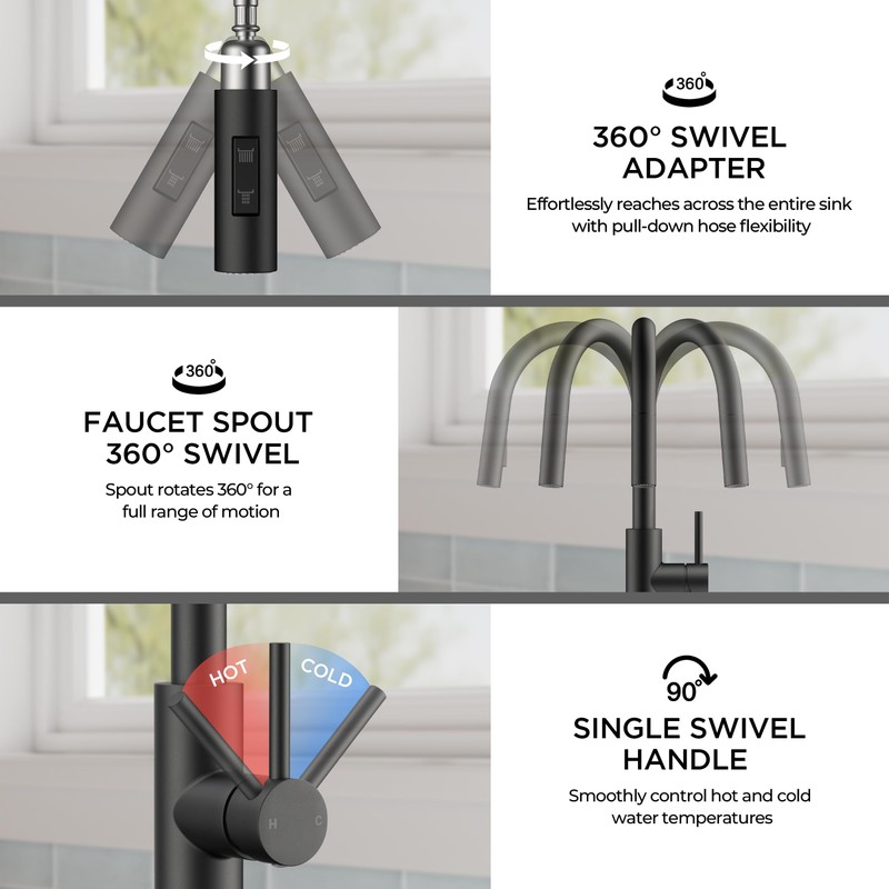 FORIOUS Black Kitchen Faucet with Pull Down Sprayer, Modern Single