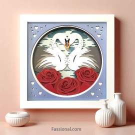 3D Shadow Box - A Couple of Swans with Roses - Gift for Wedding & Anniversary