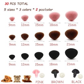 XQEUMC Safety Noses for Crochet Animals, Colourful Dog Noses and Bears Flocking D-type Plastic Noses for Stuffed Animals and Dolls - 30 Pieces in 5 Sizes and 3 Colours (Brown, Pink, Black)